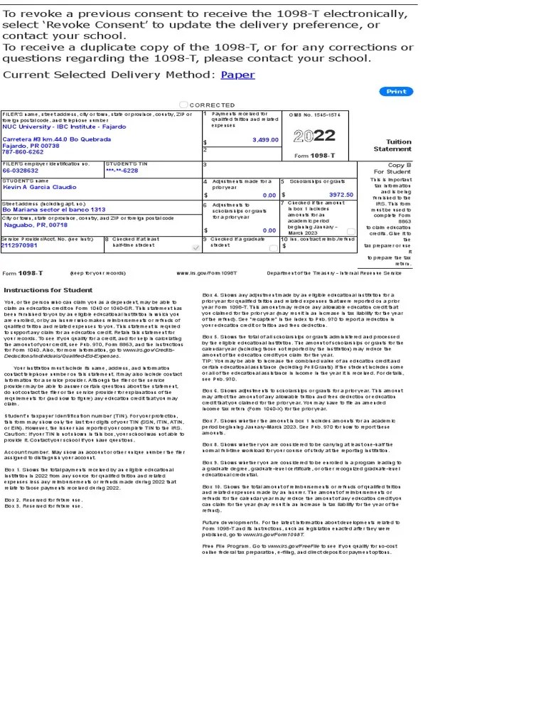 Student's 1098T Form PDF PDF Expense Tax Deduction