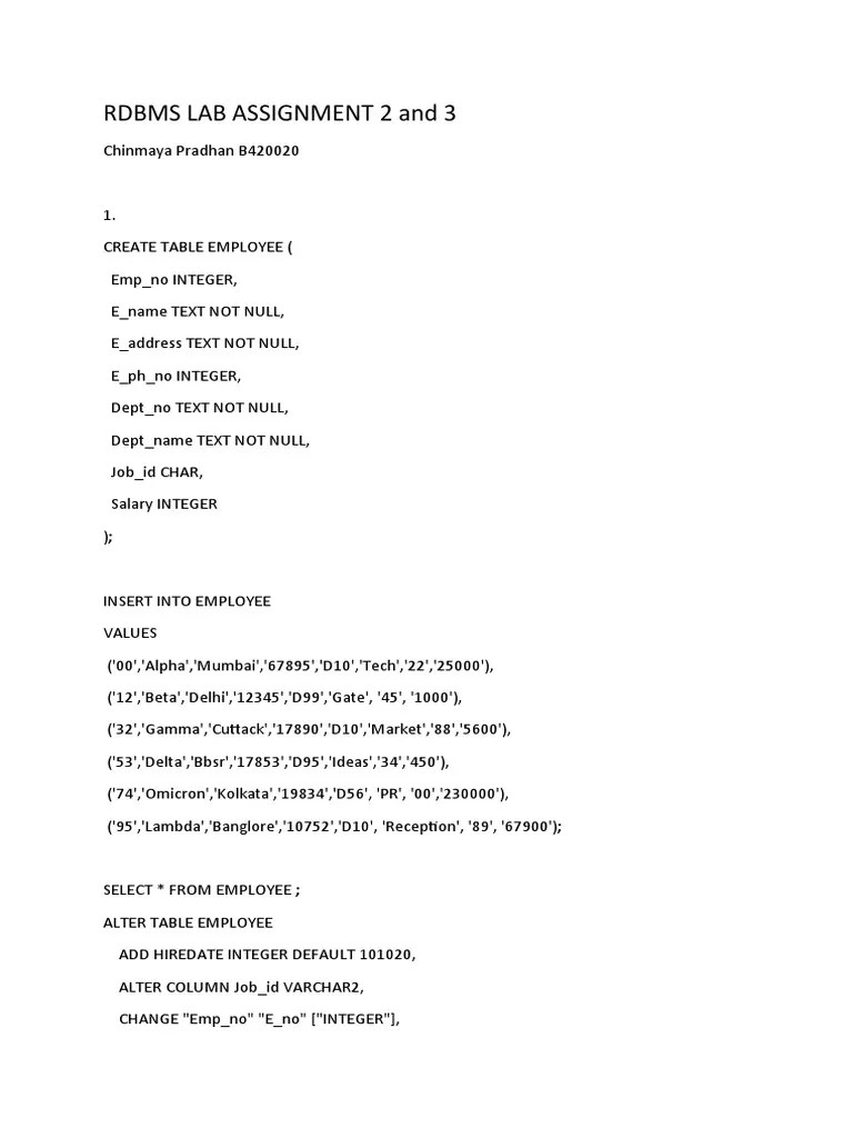RDBMS LAB ASSIGNMENT 2 and 3 B420020 PDF Computer Programming
