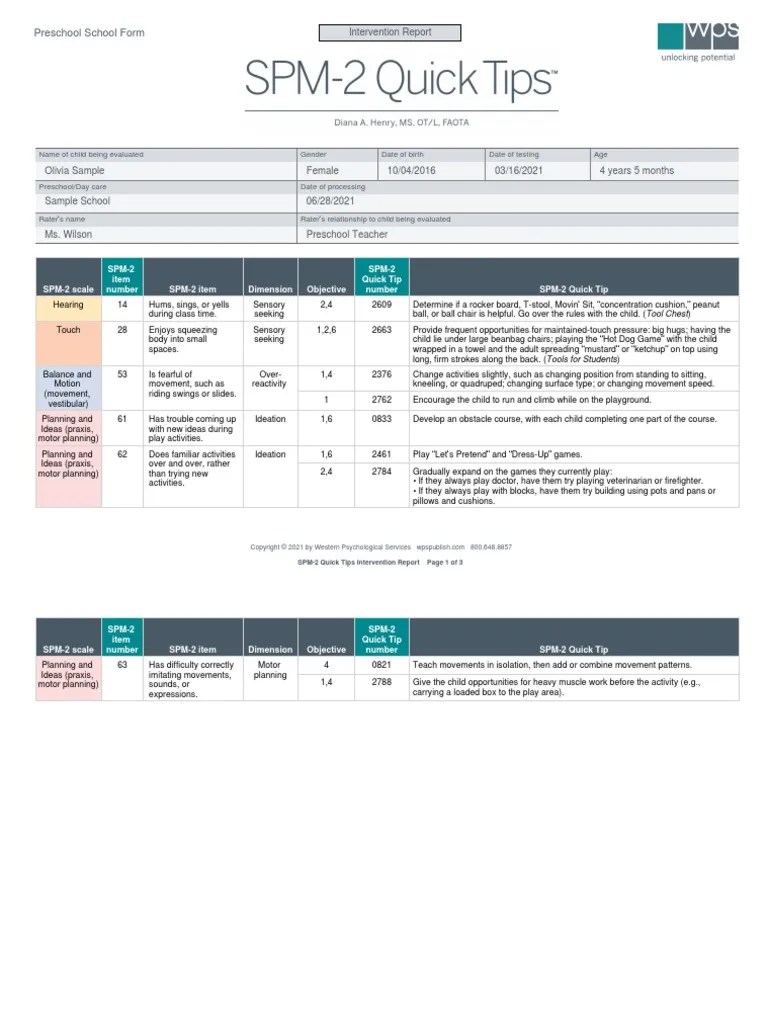 spm2 Quick Tips Intervention Report Sample PDF Emotional Self