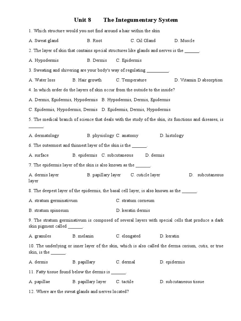 The Integumentary System - Quizz | PDF | Skin | Epidermis