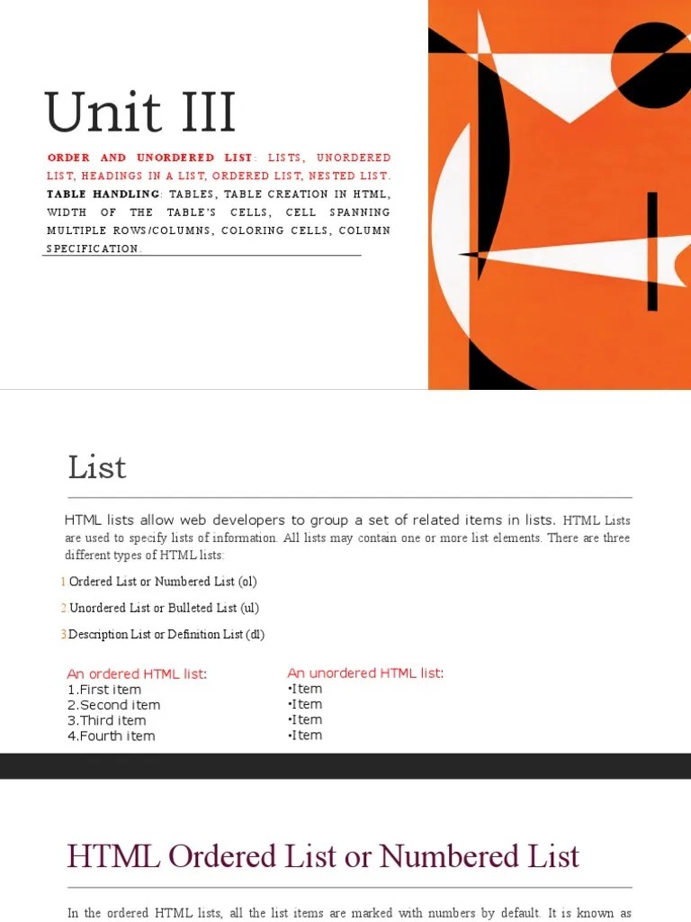 HTML Lists, Tables, and Nested Structures Formatting Content with