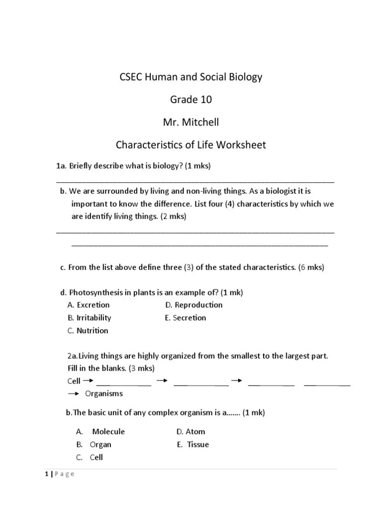Characteristics Of Life Worksheet.docx | PDF | Diffusion | Osmosis