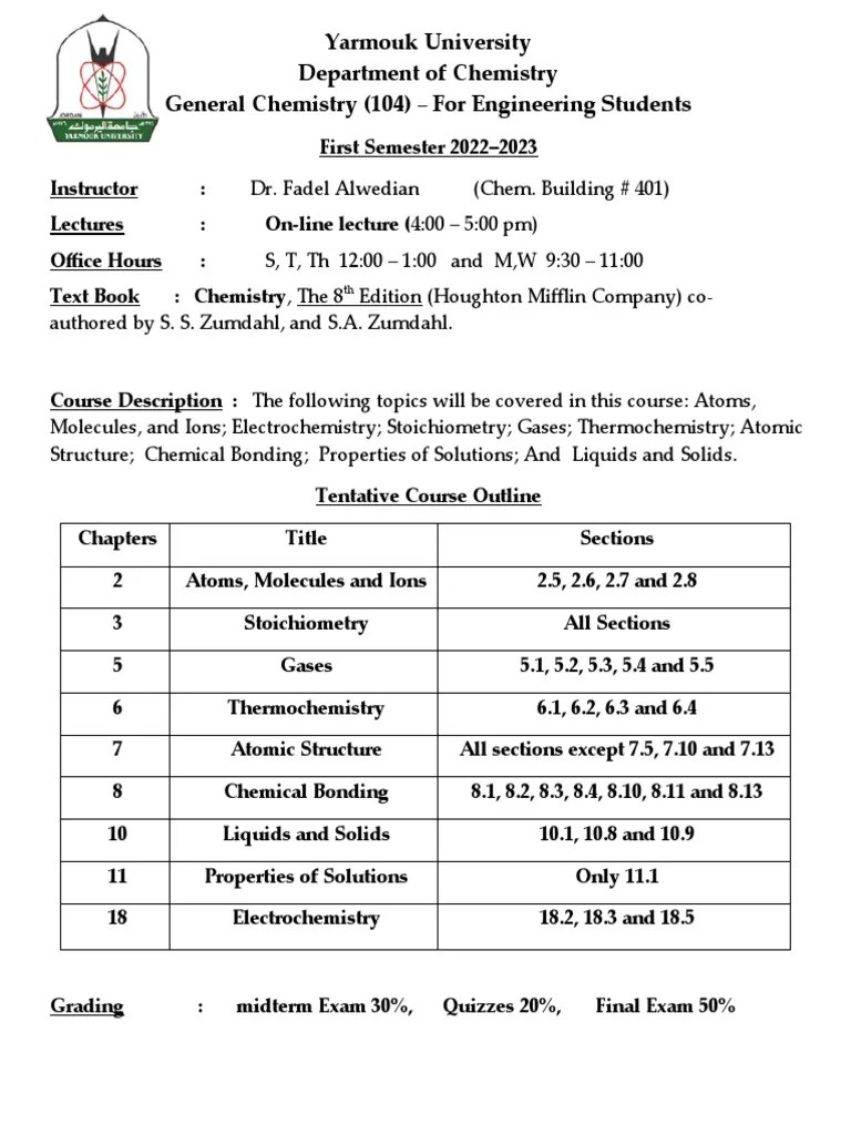 Syllabus for General Chemistry (104) Course at Yarmouk University for