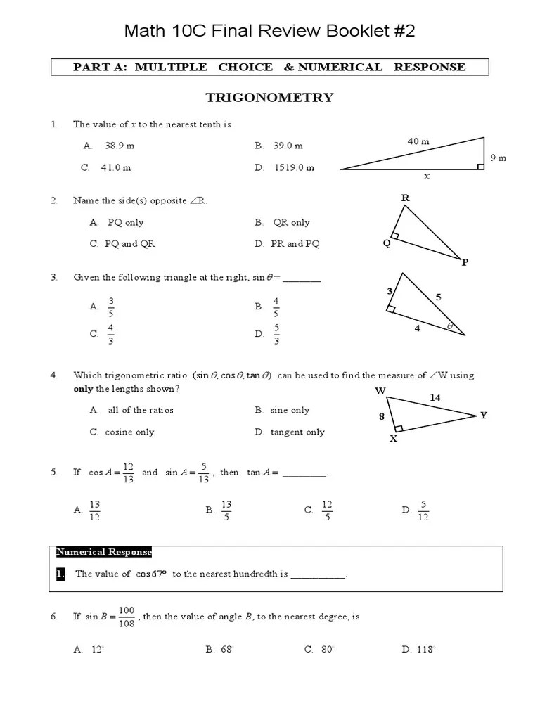 Math 10C Final Review Booklet 2 Trigonometry PDF Line (Geometry) Trigonometric Functions