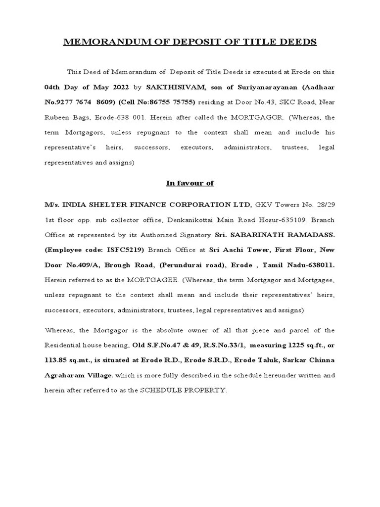 Memorandum of Deposit of Title Deeds PDF