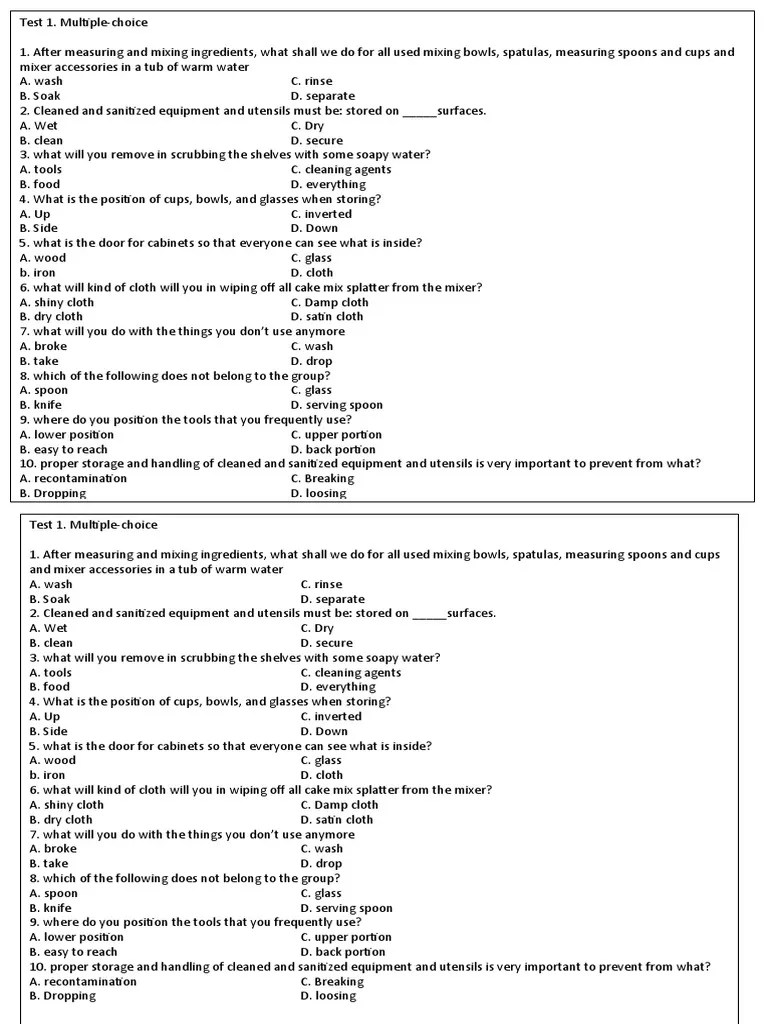 Quiz Cleaning and Sanitizing Utensils PDF Spoon Kitchen Utensil