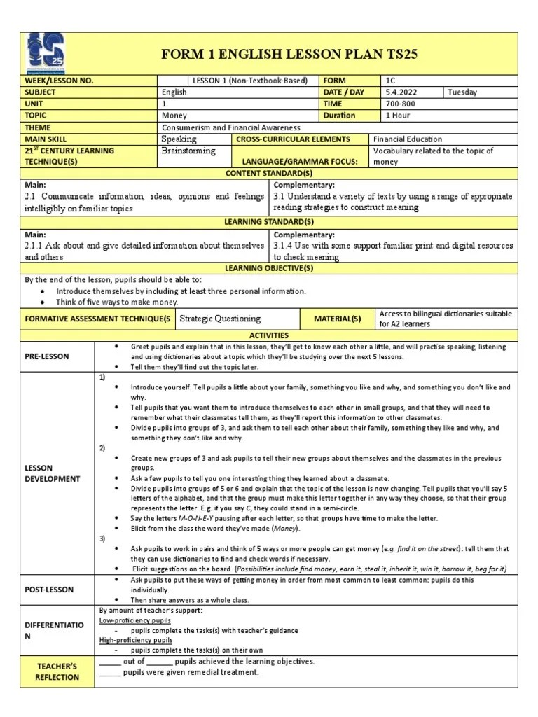 Form 1 English Lesson Plan Ts25 Access To Bilingual Dictionaries