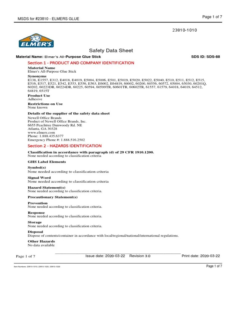 Elmers All Purpose Glue Stick SDS PDF Toxicity Dangerous Goods