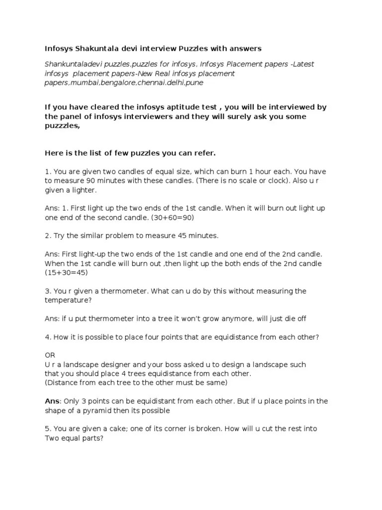 Infosys Shakuntala Devi Interview Puzzles With Answers