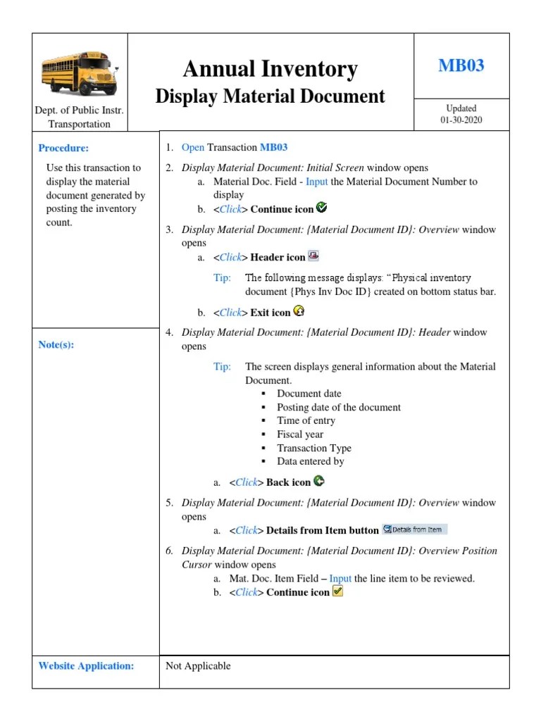 Annual Inventory Addtional Transactions Display Material Document MB03