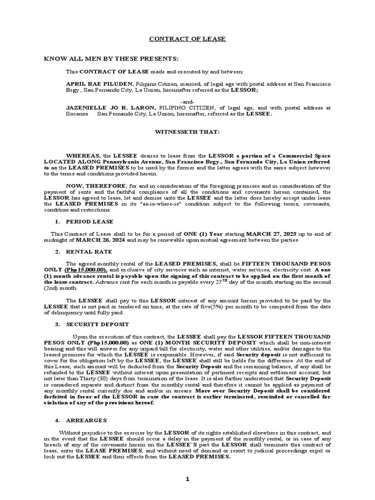 Contract of Lease Poro PDF Lease Natural Resources Law