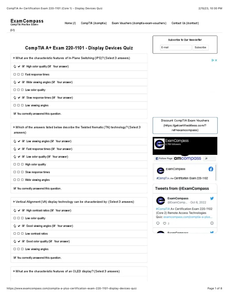 CompTIA A+ Certification Exam 2201101 (Core 1) Display Devices Quiz