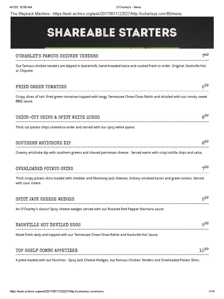 O'Charley's Menu PDF Hamburgers Bacon