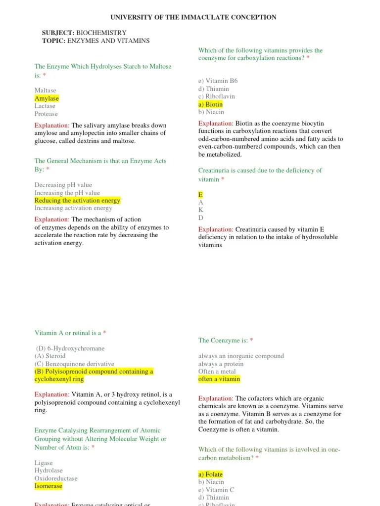 Biochemistry Quiz Enzymes and Vitamins Answer Key PDF Enzyme Cofactor (Biochemistry)