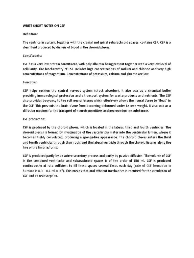 Write Short Notes On CSF PDF Cerebrospinal Fluid Medical Specialties