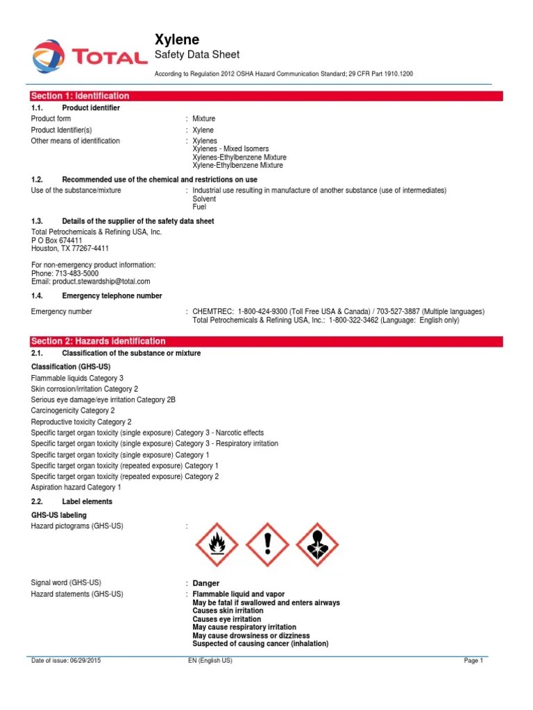 Xylene Safety Data Sheet Summary PDF Dangerous Goods Toxicity