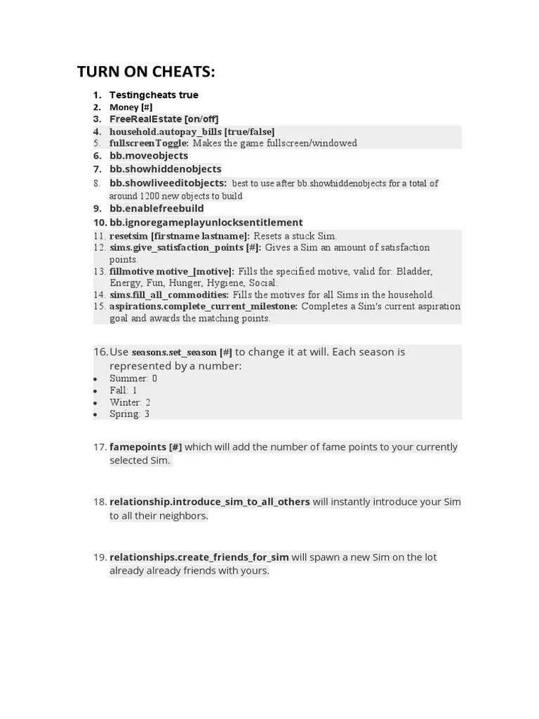 Sims 4 Commands PDF