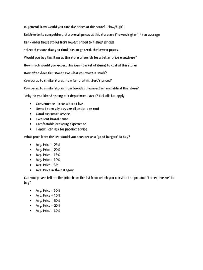 Customer Survey Assessing Price, Selection, Service and Overall