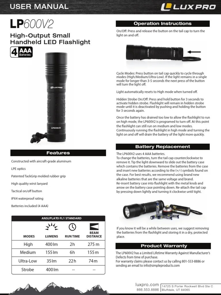 LP 600V2 Flashlight Manual PDF Flashlight Manufactured Goods