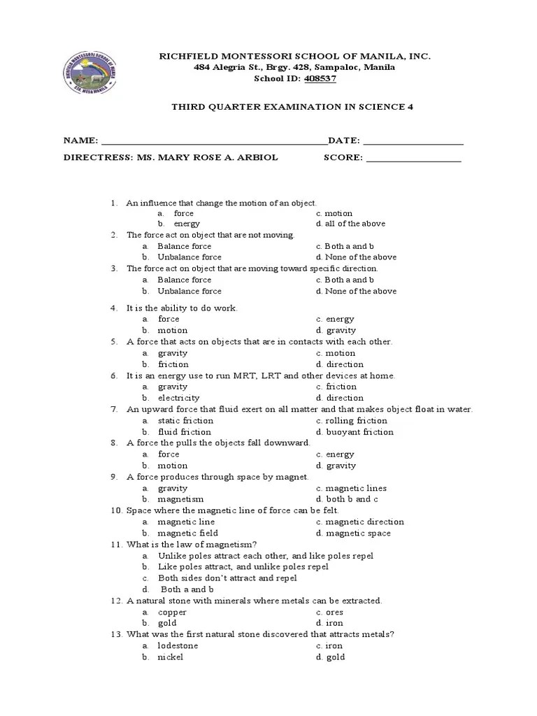 Science Quiz Grade 4 PDF Force Radiation