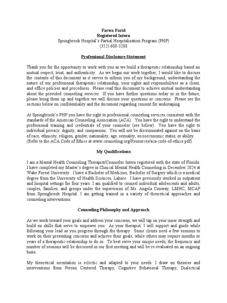 professional disclosure statement final PDF Psychotherapy