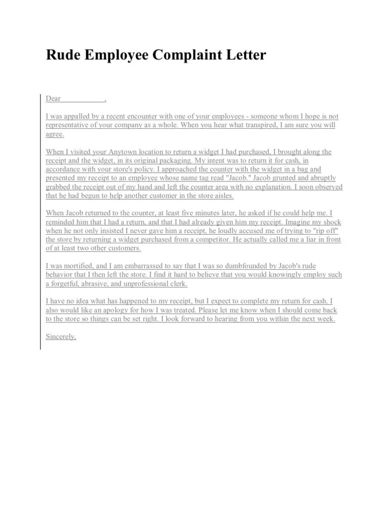 Rude Employee Complaint Letter