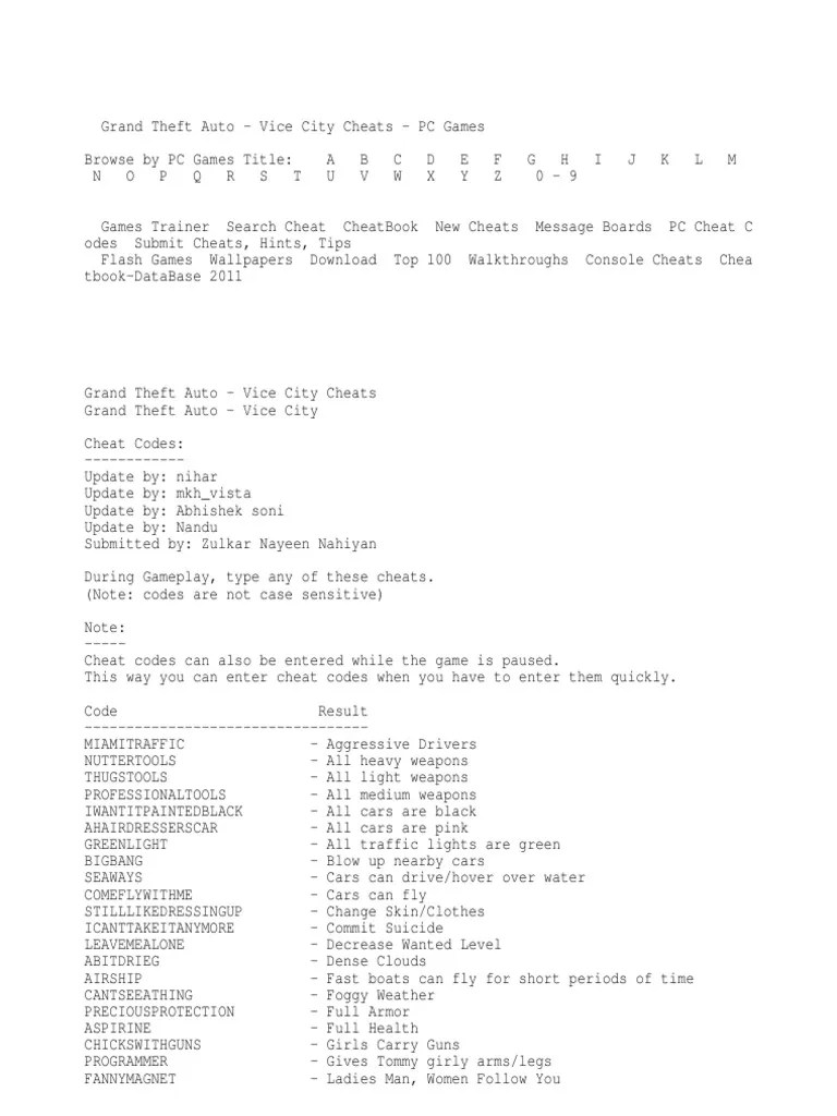 Booklet Cheat Code Gta Vice City Stories Cheats Psp Cars Drive On Water