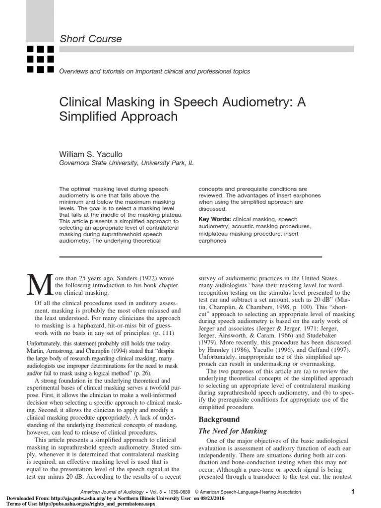 Clinical Masking in Speech Audiometry A Simplified Approach PDF
