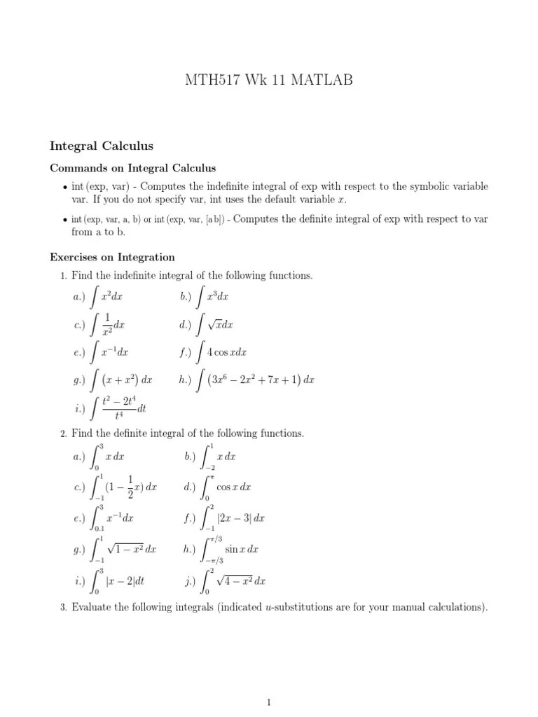 MATLAB Exercises on Integral Calculus Commands, Evaluation Methods, and