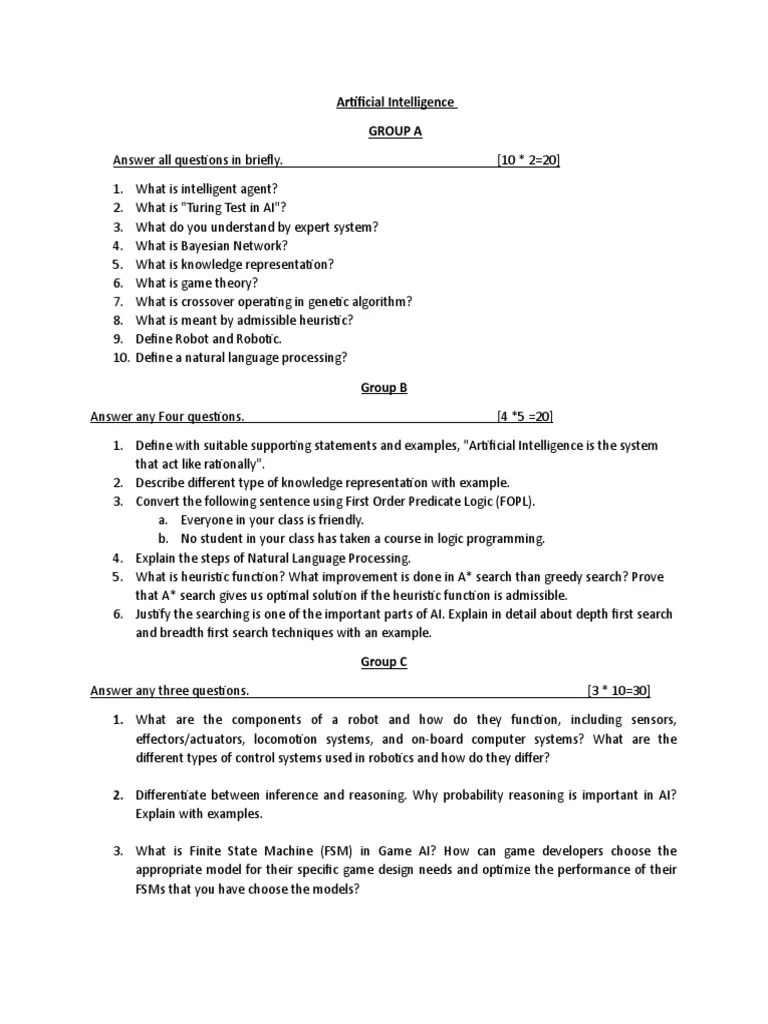 Artificial Intelligence Question Set PDF Intelligence (AI