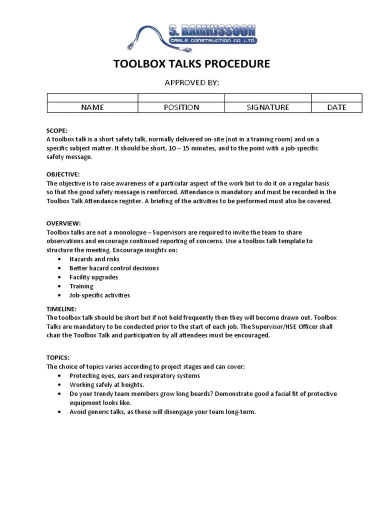 Toolbox Talks Procedure Download Free PDF Occupational Safety And