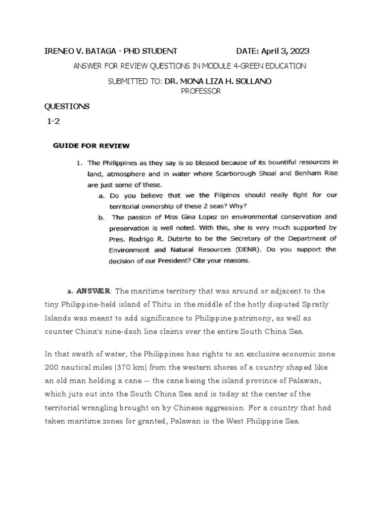 Green Education - Answer Module 4-Ireneo Bataga | PDF | South China Sea