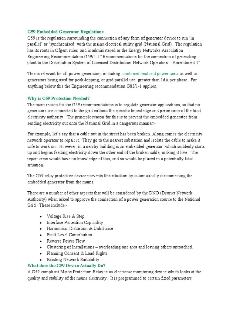 G59 Embedded Generator Regulations Combined Heat and Power Units PDF Electrical Grid