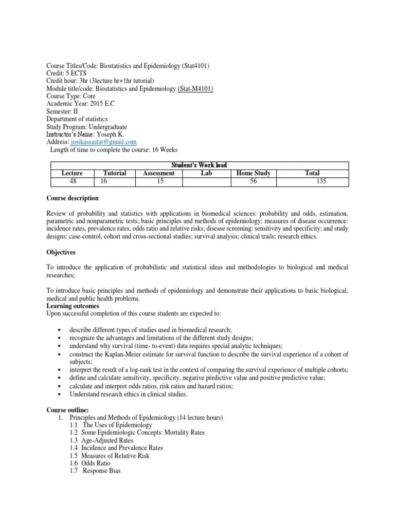 Biostatistics and Epidemiology Corse Outline 2 PDF Epidemiology