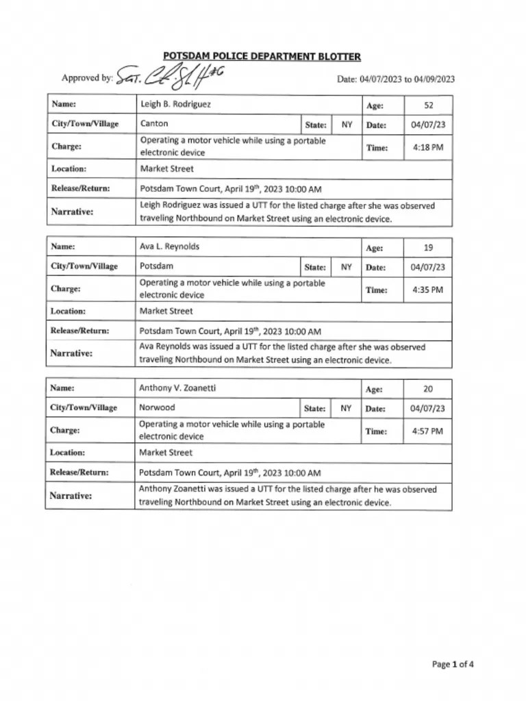 Potsdam Village Police Dept. Blotter April 9, 2023 PDF(04)