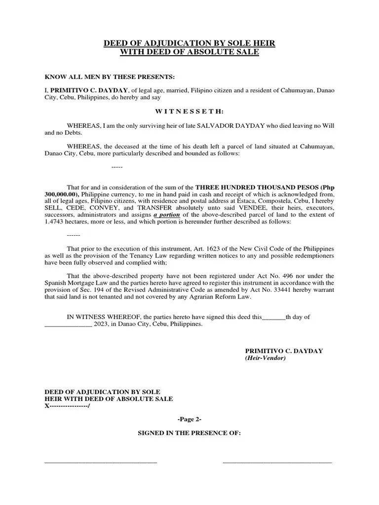 DEED OF ADJUDICATION BY SOLE HEIR With Absolute Sale PDF Deed Law