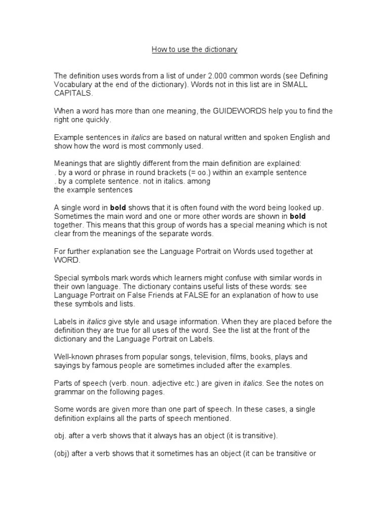 How to Use the Dictionary Word Part Of Speech