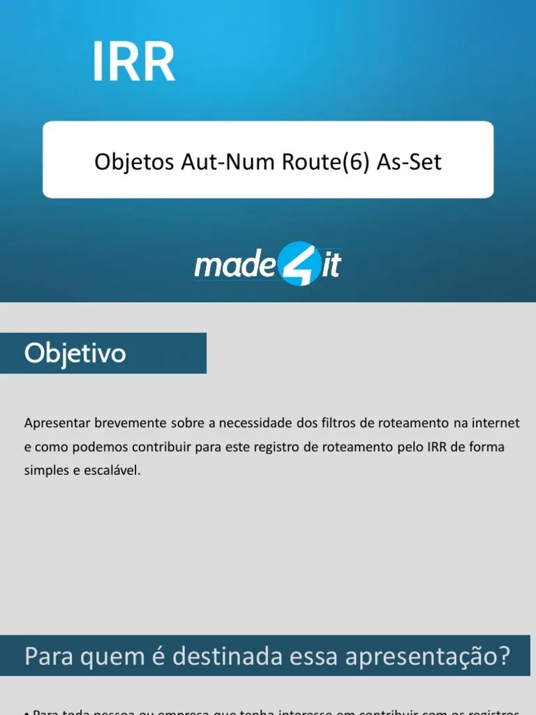 IRR Objetos AutNum Route (6) AsSet PDF Roteamento