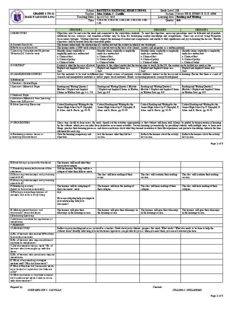 Reading and Writing Q1 W10 DLL PDF Learning Curriculum