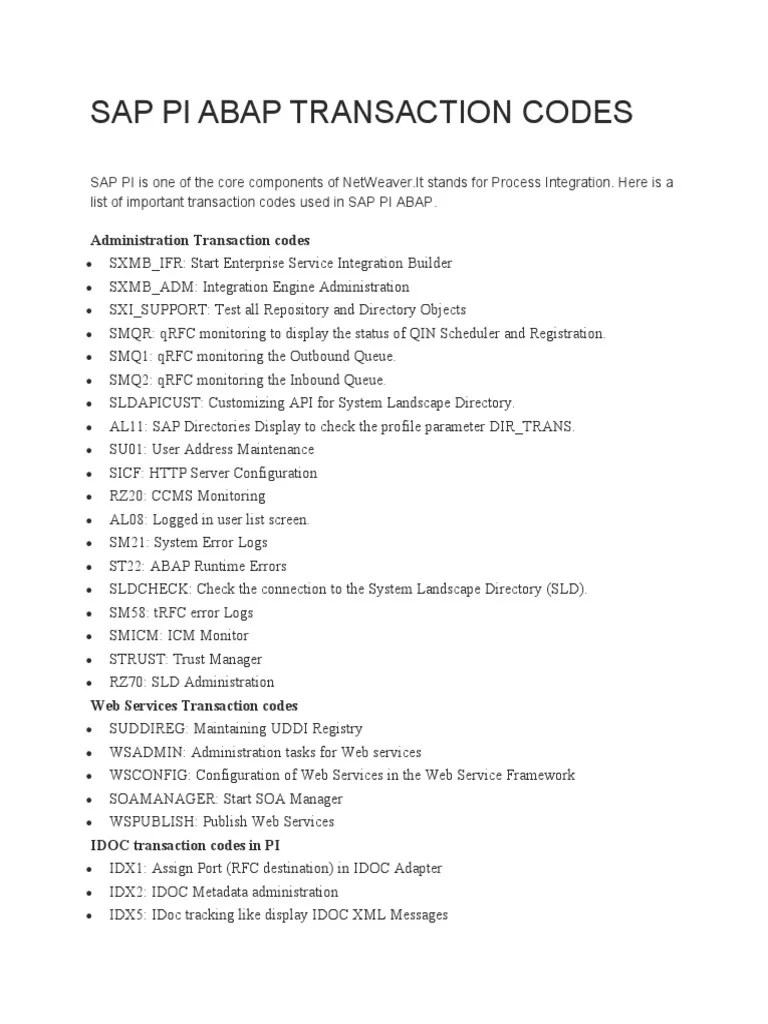 Sap Pi Abap Transaction Codes PDF
