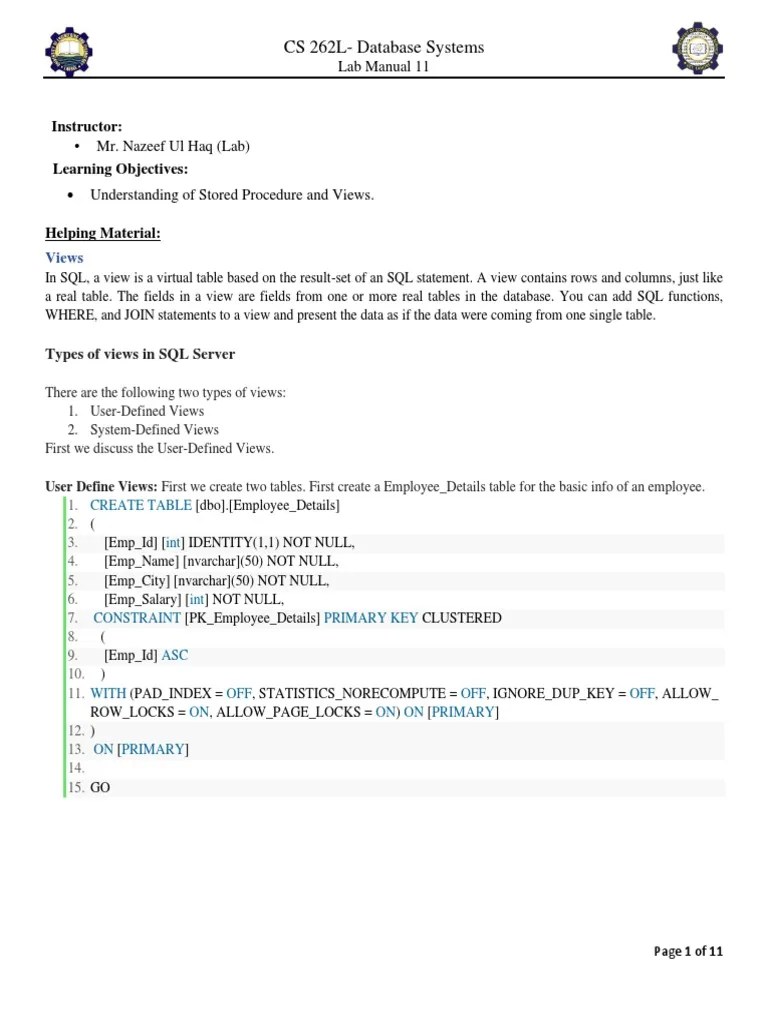 Lab Manual 11 Understanding Stored Procedures and Views in SQL Server