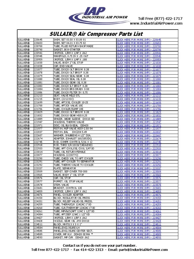 Sullair Air Compressor Parts Catalog PDF Valve Hydraulics