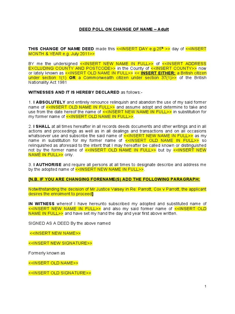 Change of Name by Deed Poll Adult PDF Legal Documents Government