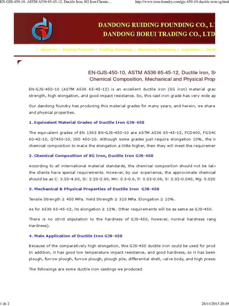 ENGJS45010, ASTM A536 654512, Ductile Iron, SG Iron Chemical