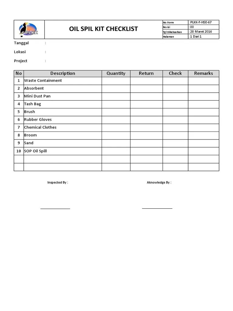 PLKKFHSE67 Oil Spill Kit Checklist PDF