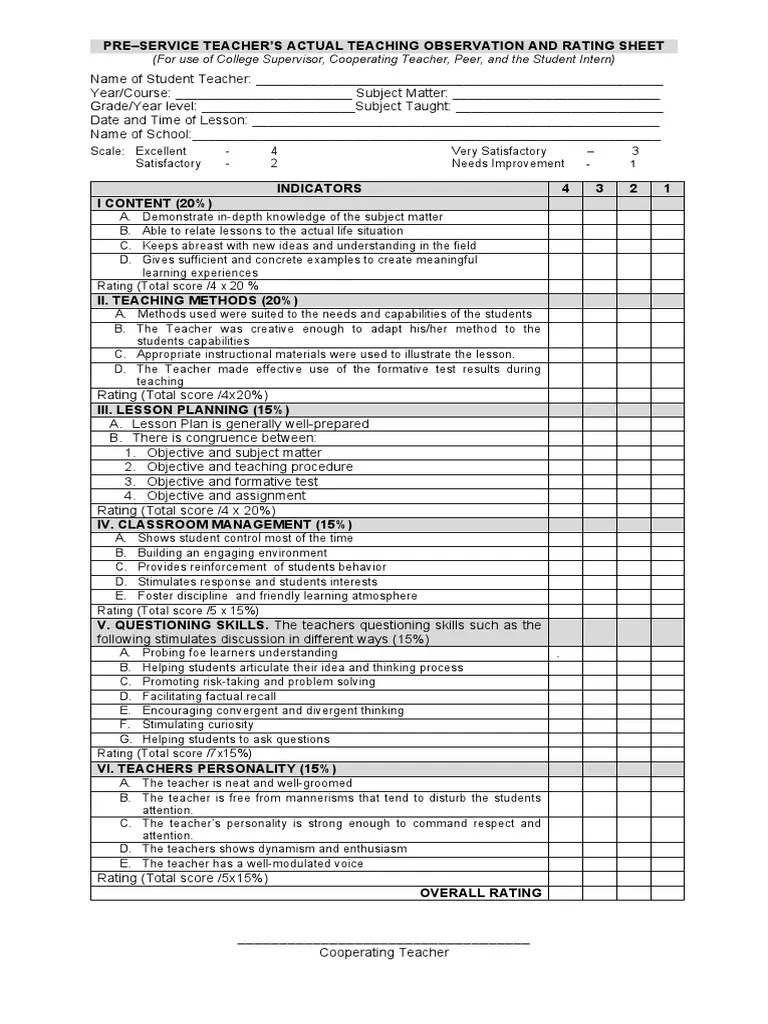 Rating Sheet PDF Teachers Learning