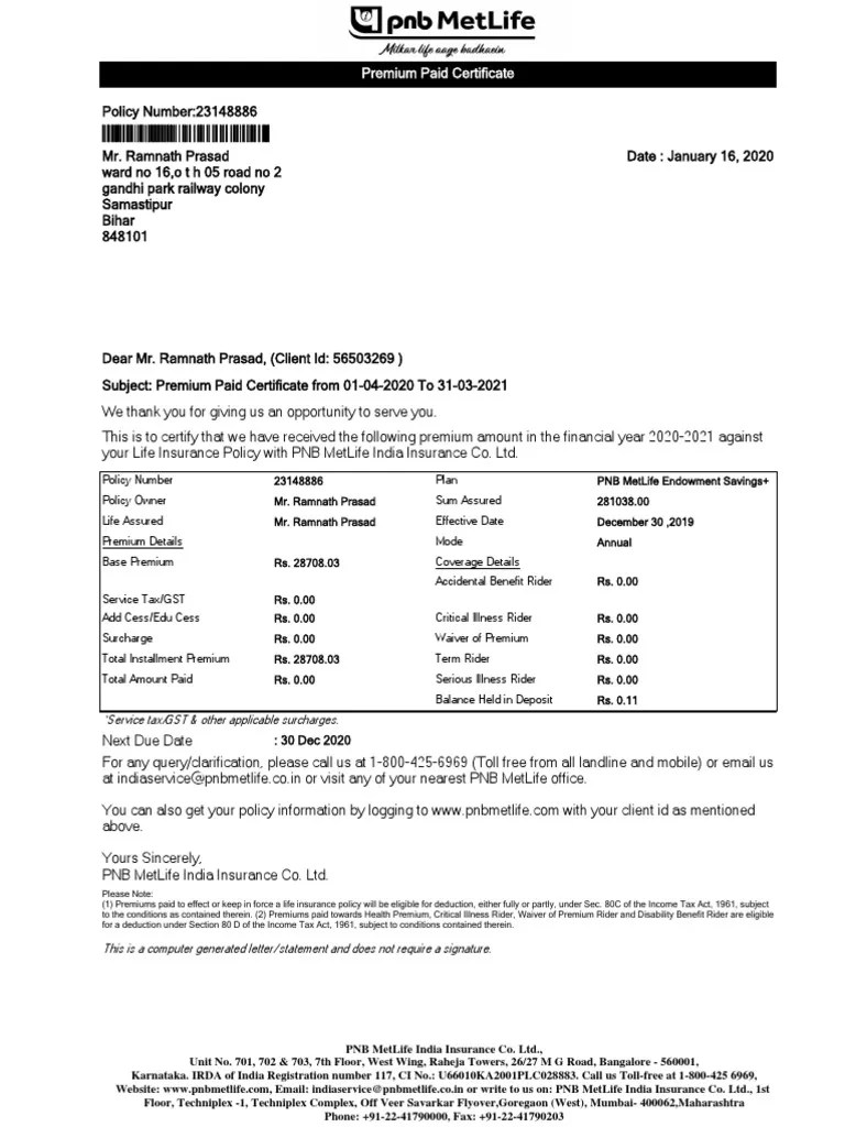 Premium Paid Certificate PDF Insurance Life Insurance