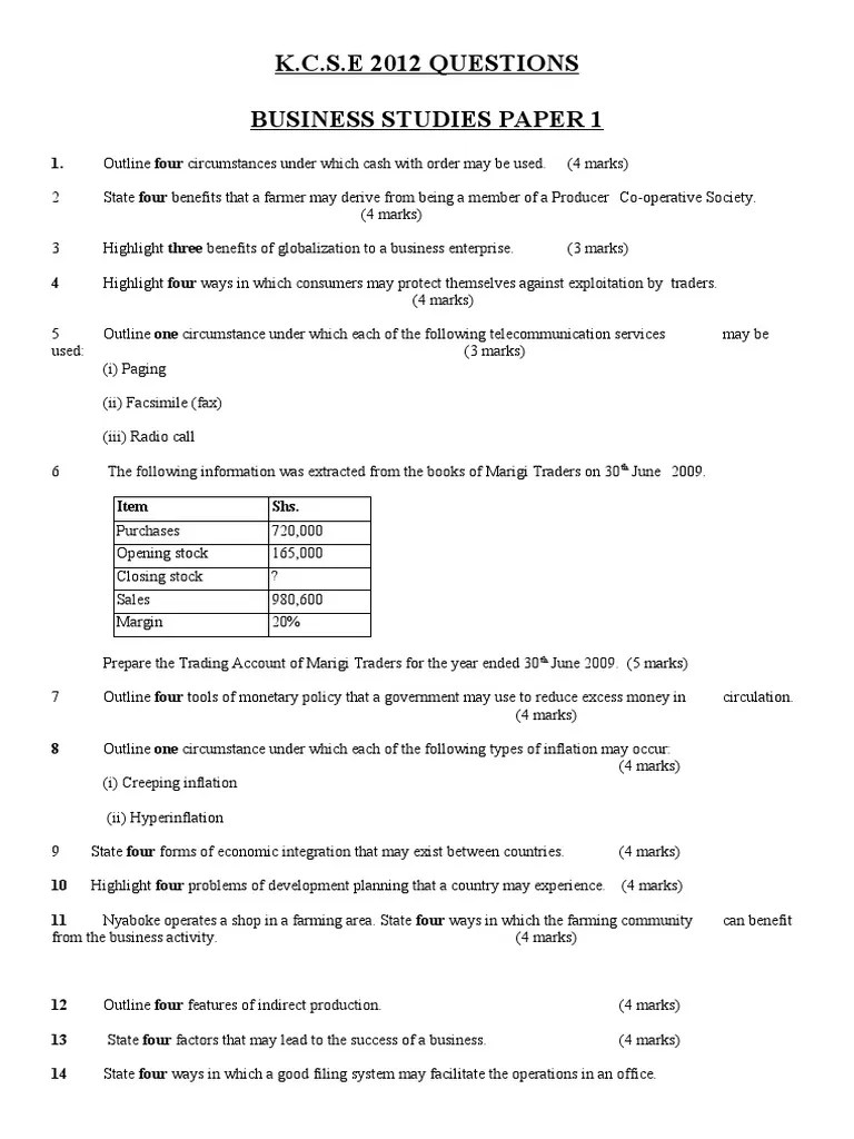 2012 Kcse Business Paper 1 PDF Trade Economies