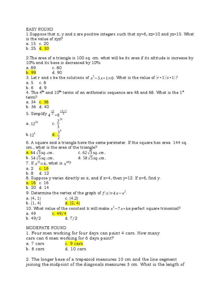 Math Quiz Bee Questionaires PDF Mathematics Geometry