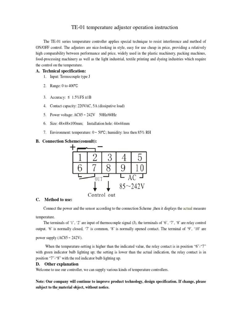 Operation Instructions for the TE01 Temperature Adjuster Series Temperature Controller PDF